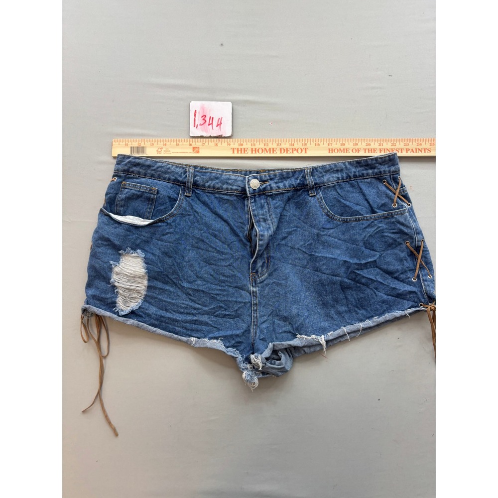 Forever 21+ Womens Plus Size 20 Distressed Lace Up Side Denim Shorts Blue Wash
